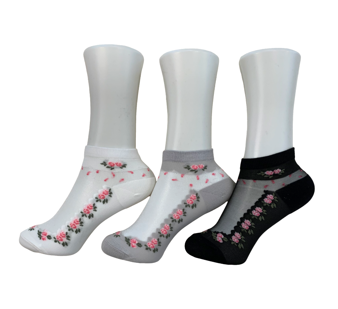 Women's cotton blend see-through ankle socks - Flower (3 colors)