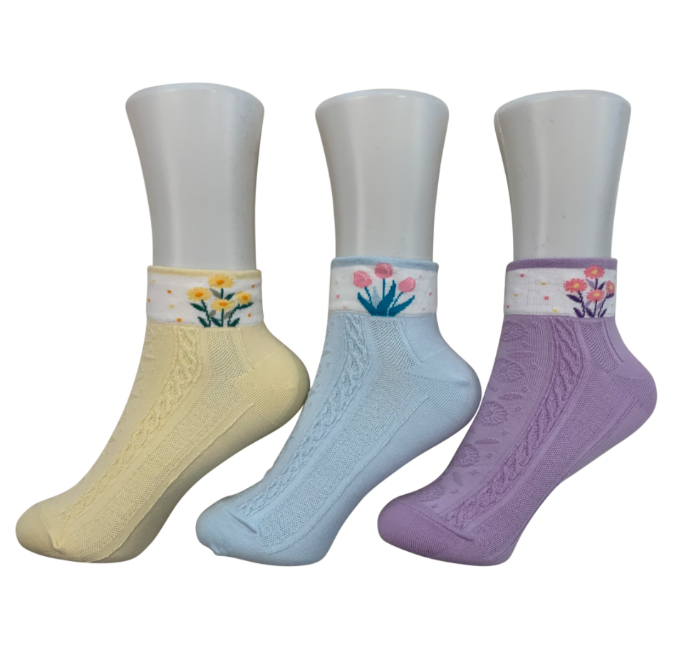 Korean cotton blend ankle socks - Flower medium (3 colors)