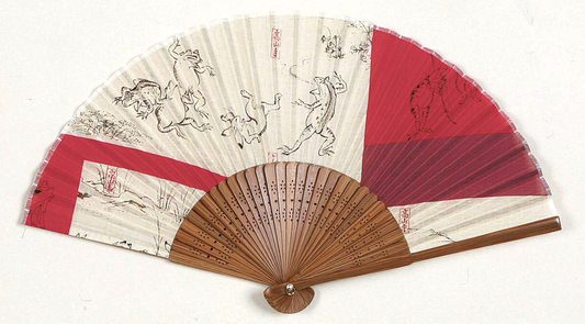 Japanese cotton & bamboo fan - Rabbits and frogs