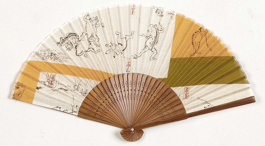 Japanese cotton & bamboo fan - Rabbits and frogs